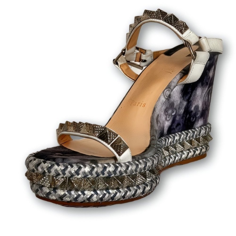 Christian Louboutin Denim Pyraclou Platform Sandal Wedges